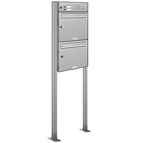 AL Briefkastensysteme 2er Edelstahl Standbriefkasten mit Klingel rostfrei als 2 Fach Briefkastenanlage in Postkasten Doppel-Briefkasten Design modern
