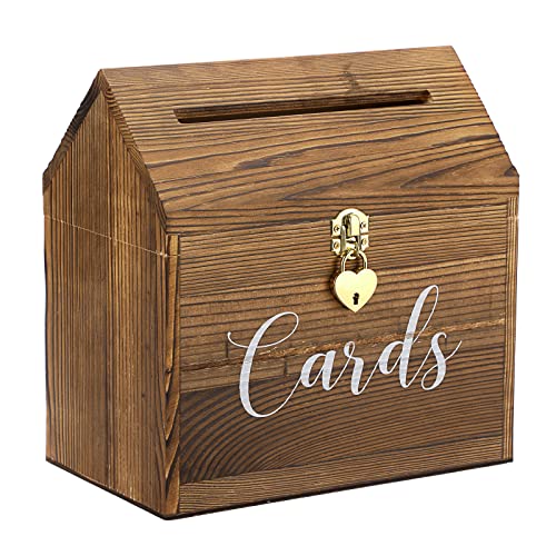 SUMNACON Vintage 25CM Holz Kartenbox mit Deckel Liebeschloss Hochzeit Kartenbox-Box für Jubiläum Weichnachten Hochzeit Geburtstag Baby-Shower Party Geschenkkarten Briefbox(Weiss,Braun)