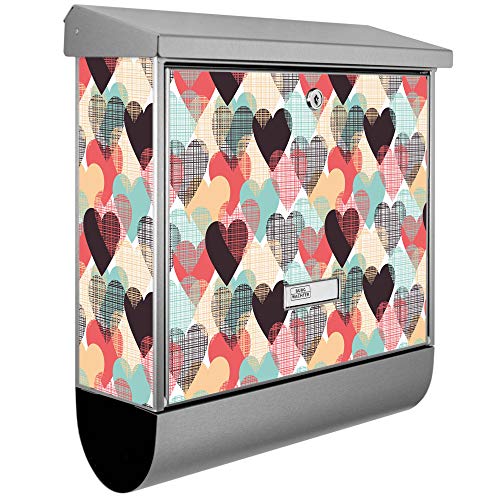 banjado® Burgwächter Briefkasten Edelstahl 38x39x12cm mit Motiv Unter Herzen/Briefkasten Edelstahl ohne Zeitungsfach/Briefkasten grau/Postkasten inkl. Montagematerial & 2 Schlüsseln