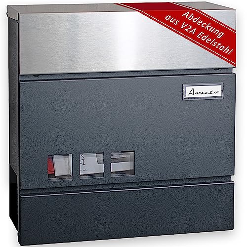 AMAAZU Briefkasten anthrazit - Edelstahl, mit Sichtfenster und Namensschild, Postkasten mit Zeitungsfach, Schloss mit 2 Schlüsseln, Briefkästen mit Zeitungsrolle, Wandbriefkasten RAL7016 grau