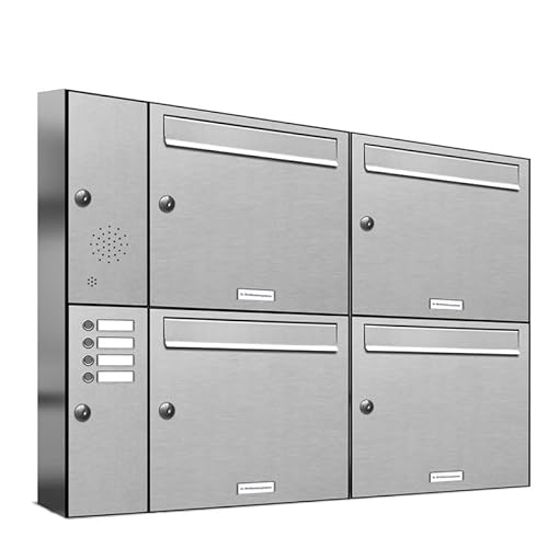 AL Briefkastensysteme 4er Briefkastenanlage mit Klingel, Edelstahl, Premium Briefkasten DIN A4, 4 Fach Postkasten modern Aufputz