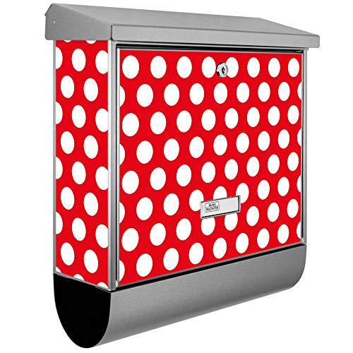 banjado® Burgwächter Briefkasten Edelstahl 38x39x12cm mit Motiv Punkte Rot/Briefkasten Edelstahl ohne Zeitungsfach/Briefkasten grau/Postkasten inkl. Montagematerial & 2 Schlüsseln