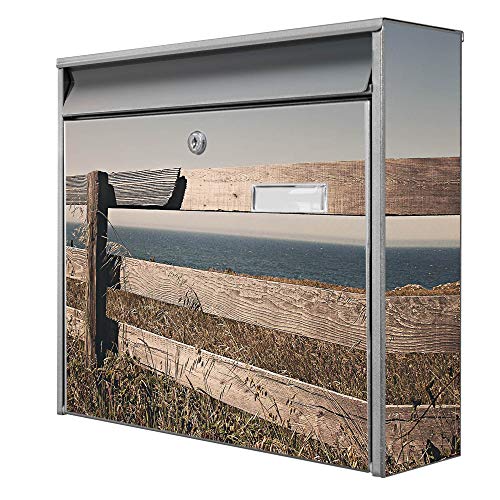 banjado® Burg-Wächter® Briefkasten mit Motiv Zaun am Meer/Briefkasten ohne Zeitungsfach 32x36x10 cm groß/Briefkasten mit Namensschild A4 Einwurf inkl. Montagematerial & 2 Schlüsseln