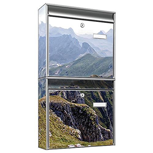 banjado® Briefkastenanlage 2 Fach 36x64x10cm mit Motiv/Briefkasten groß mit Namensschild/Postkasten A4 Einwurf inkl. Montagematerial & je 2 Schlüsseln/Briefkasten ohne Zeitungsfach