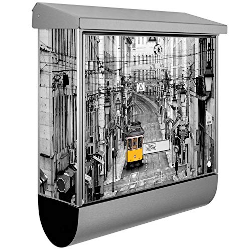 banjado® Burgwächter Briefkasten Edelstahl 38x39x12cm mit Motiv Lissabon/Briefkasten Edelstahl ohne Zeitungsfach/Briefkasten grau/Postkasten inkl. Montagematerial & 2 Schlüsseln