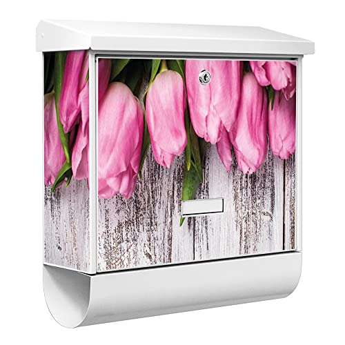 banjado® Burgwächter Briefkasten Weiß 38x39x12cm mit Motiv Holz und Tulpen/Briefkasten mit Zeitungsfach/Briefkasten mit Zeitungsrolle/Postkasten inkl. Montagematerial & 2 Schlüsseln