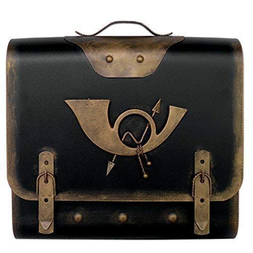 Briefkasten Alter Ranzen Posthorn Antik-Look Design Schultasche Wandbriefkasten mit Zeitungsrolle abschließbar Handarbeit robust und praktisch Farbe: Schwarz-Gold | Entnahme: Rechts