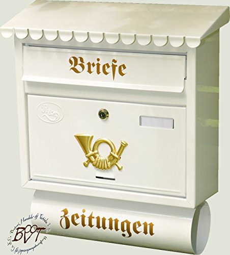 BTV Großer Briefkasten, mit Rostschutz Flachdach F/w weiß schneeweiß Snow White mit Katalogeinwurf und Zeitungsrolle