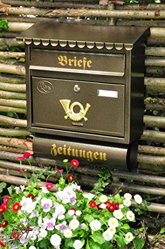 BTV Großer Briefkasten, mit Rostschutz Flachdach F/m edel Messing Gold goldfarben mit Katalogeinwurf und Zeitungsrolle