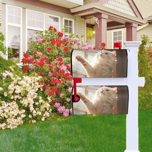 Briefkastenabdeckung, magnetische Briefkastenabdeckung, 53,3 x 45,7 cm, weiße Katze am Fenster, Briefkasten, Willkommensbriefkasten, Außenbriefkastenabdeckun g, Dekoration für Hof, Briefkasten, Garten,