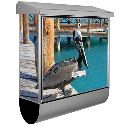 banjado® Burgwächter Briefkasten Edelstahl 38x39x12cm mit Motiv Pelikan/Briefkasten Edelstahl ohne Zeitungsfach/Briefkasten grau/Postkasten inkl. Montagematerial & 2 Schlüsseln