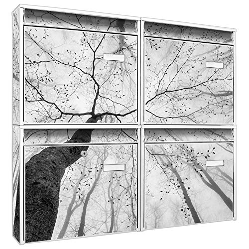 Briefkastenanlage 4 Fach | Postkästen 72x64x10cm groß | verzinkter Stahl weiß DIN A4 Motiv Zwischen Bäumen 6 | Briefkasten Set 4 Briefkästen Namensschild, 2 Schlüssel, Montagematerial