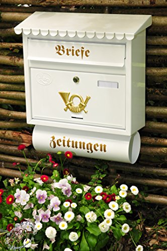 BTV Briefkasten, Premium-Qualität, verzinkt, pulverbeschichtet Flachdach F/w weiß schneeweiß Snow White mit Katalogeinwurf und Zeitungsrolle