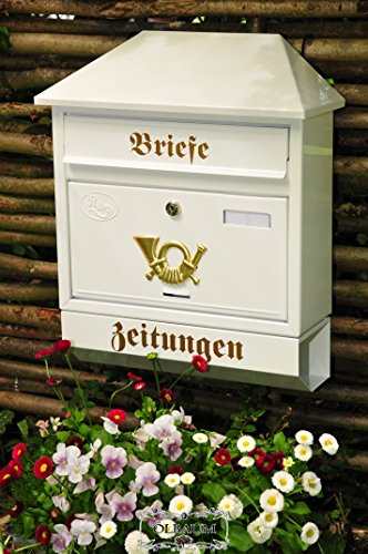 BTV Großer Massivstahl-Briefkasten, mit Rostschutz Walmdach W weiß schneeweiß Snow White Zeitungsfach Zeitungsrolle Postkasten