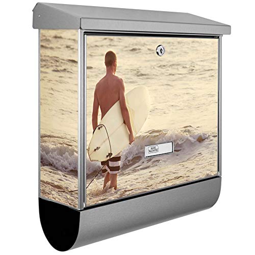 banjado® Burgwächter Briefkasten Edelstahl 38x39x12cm mit Motiv Wellenreiten Gehen 2 / Briefkasten Edelstahl ohne Zeitungsfach/Briefkasten grau/Postkasten inkl. Montagematerial & 2 Schlüsseln