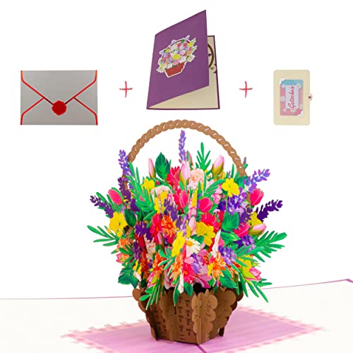 uniqHeart® Handgemachte 3D Pop-Up Karte Bunter Blumenkorb -inkl. edlem Wachs-Siegel und elegantem Geschenk-Umschlag - Glückwunsch zum Geburtstag - Muttertag - Valentinstag- statt Blumen