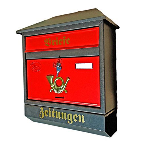 Naturholz-Schreinermeiste r Großer Briefkasten/Postkasten XXL Schwarz Matt/Rot mit Zeitungsrolle Zeitungsfach Schrägdach Trapezdach