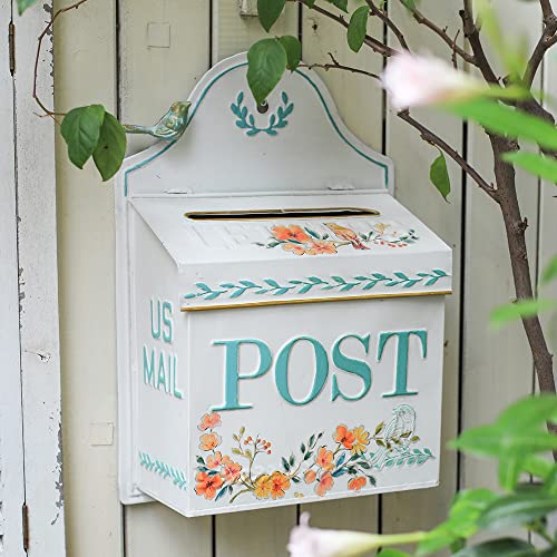 All Chic Briefkasten Briefkasten Wandhalterung Briefkästen für außen handgefertigt gealtertes Metall Briefkasten Vogel weiß blau