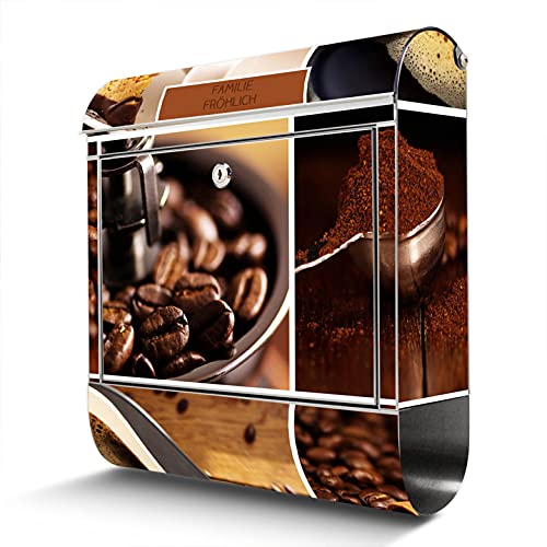 banjado® Briefkasten Edelstahl personalisiert mit Motiv Kaffee&Schokolade 38x43x12cm & 2 Schlüssel - rostfreier Edelstahl Briefkasten mit Zeitungsfach - Postkasten A4 Einwurf inkl. Montagematerial