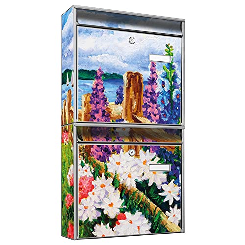 banjado® Briefkastenanlage 2 Fach 36x64x10cm mit Motiv/Briefkasten groß mit Namensschild/Postkasten A4 Einwurf inkl. Montagematerial & je 2 Schlüsseln/Briefkasten ohne Zeitungsfach