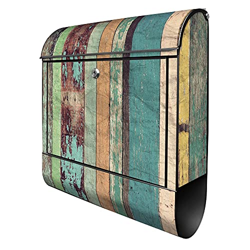 banjado® Design Briefkasten mit Bunte Bretterwand 38,5x46,5x13cm & 2 Schlüssel - Briefkasten Stahl schwarz mit Zeitungsfach pulverbeschichtet - Postkasten A4 Einwurf inkl. Montagematerial