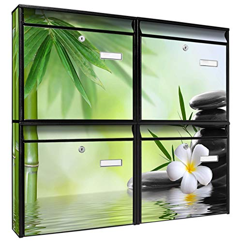 Briefkastenanlage 4 Fach | Postkästen 72x64x10cm groß | verzinkter Stahl silber DIN A4 Motiv Steine & Relax 6 | Briefkasten Set 4 Briefkästen Namensschild 2 Schlüssel Montagematerial