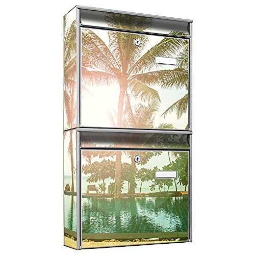 banjado® Briefkastenanlage 2 Fach 36x64x10cm mit Motiv/Briefkasten groß mit Namensschild/Postkasten A4 Einwurf inkl. Montagematerial & je 2 Schlüsseln/Briefkasten ohne Zeitungsfach