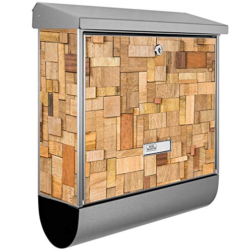 banjado® Burgwächter Briefkasten Edelstahl 38x39x12cm mit Motiv Hölzernes Flickwerk/Briefkasten Edelstahl ohne Zeitungsfach/Briefkasten grau/Postkasten inkl. Montagematerial & 2 Schlüsseln
