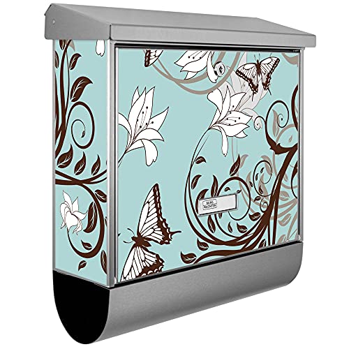 banjado® Burgwächter Briefkasten Edelstahl 38x39x12cm mit Motiv Weiße Lilien/Briefkasten mit Zeitungsfach/Briefkasten mit Zeitungsrolle/Postkasten inkl. Montagematerial & 2 Schlüsseln