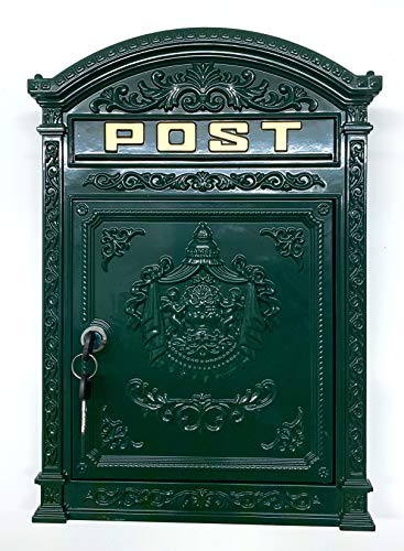 Briefkasten Englischer Postkasten zur Wandmontage grün Nostalgie Antik Stil aus Aluguss Standardformat für Briefe bis Großbriefe