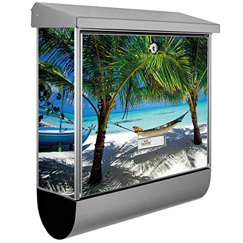 banjado® Burgwächter Briefkasten Edelstahl 38x39x12cm mit Motiv Strand/Briefkasten Edelstahl ohne Zeitungsfach/Briefkasten grau/Postkasten inkl. Montagematerial & 2 Schlüsseln