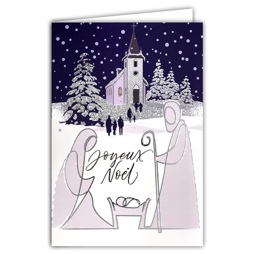 AFIE Karte Frohe Weihnachten, silberfarben, glänzend, mit weißem Umschlag, Format 12 x 17,5 cm – Illustration Krippe stilisiert, Jesus Marie Joseph Vogelhaus Kirche Messe Weihnachtsbaum Landschaft –