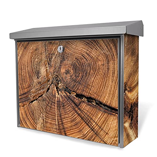 banjado® Burgwächter Briefkasten Edelstahl 38,5x31,5x12cm mit Motiv Jahresringe/Briefkasten Edelstahl ohne Zeitungsfach/Briefkasten grau/Postkasten inkl. Montagematerial & 2 Schlüsseln