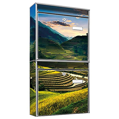 banjado® Briefkastenanlage 2 Fach 36x64x10cm mit Motiv/Briefkasten groß mit Namensschild/Postkasten A4 Einwurf inkl. Montagematerial & je 2 Schlüsseln/Briefkasten ohne Zeitungsfach