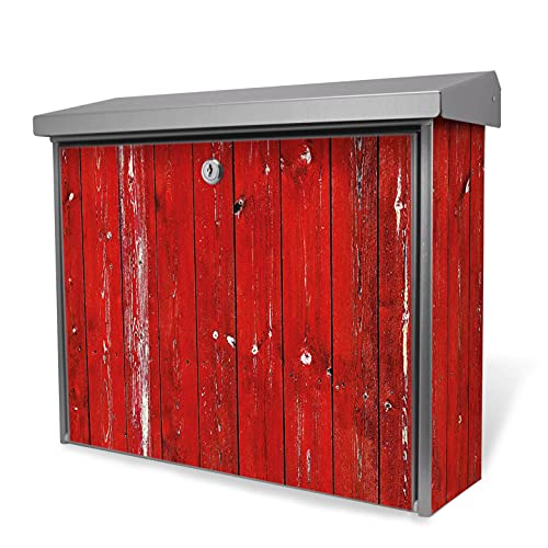 banjado® Burgwächter Briefkasten Edelstahl 38,5x31,5x12cm mit Motiv Rote Holzlatten/Briefkasten Edelstahl ohne Zeitungsfach/Briefkasten grau/Postkasten inkl. Montagematerial & 2 Schlüsseln