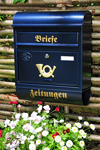 NEU Briefkasten Retro RD XXL blau R/bl edel dunkelblau gold mit Zeitungsrolle fertig montiert großer Einwurf