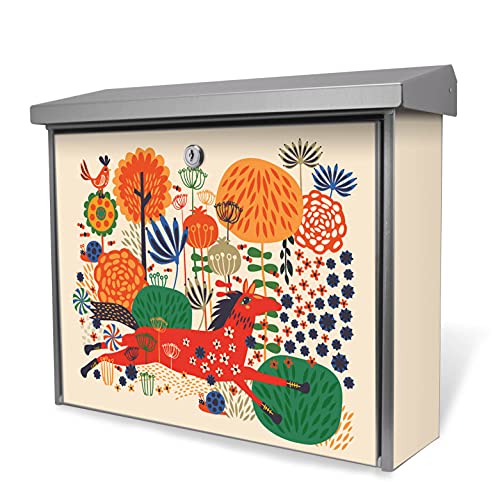 banjado® Burgwächter Briefkasten Edelstahl 38,5x31,5x12cm mit Motiv Rotes Pferd/Briefkasten Edelstahl ohne Zeitungsfach/Briefkasten grau/Postkasten inkl. Montagematerial & 2 Schlüsseln