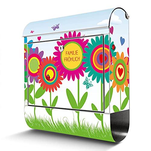 banjado® Briefkasten Edelstahl personalisiert mit Motiv Bunte Blumen 38x43x12cm & 2 Schlüssel - rostfreier Edelstahl Briefkasten mit Zeitungsfach - Postkasten A4 Einwurf inkl. Montagematerial