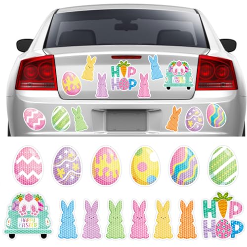 Whaline 14Pcs Ostern Reflektierende Auto Magnete Bunte Häschen Ei Kühlschrank Magnetische Aufkleber Kaninchen Frühling Garage Magnet Aufkleber für Urlaub Auto Kühlschrank Briefkasten Metall Tür