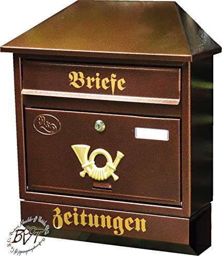 BTV Briefkasten, groß XXL, Premium-Qualität, lackiert, Hammerschlag-Optik Walmdach W/c Kupfer kupferfarben braun + Zeitungsfach Zeitungsrolle Postkasten