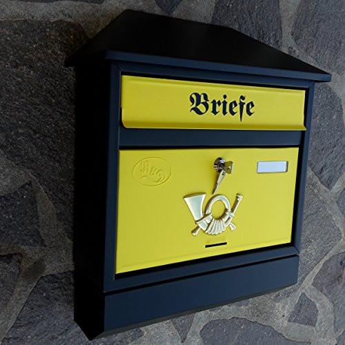 Großer Briefkasten / Postkasten XXL Schwarz Gelb Matt mit Zeitungsrolle Zeitungsfach Schrägdach Trapezdach