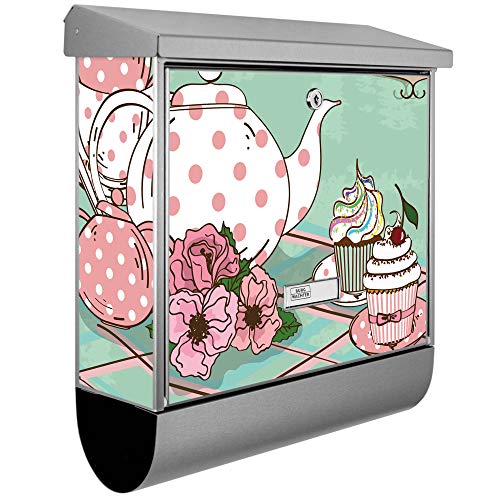 banjado® Burgwächter Briefkasten Edelstahl 38x39x12cm mit Motiv Tea Time/Briefkasten Edelstahl ohne Zeitungsfach/Briefkasten grau/Postkasten inkl. Montagematerial & 2 Schlüsseln