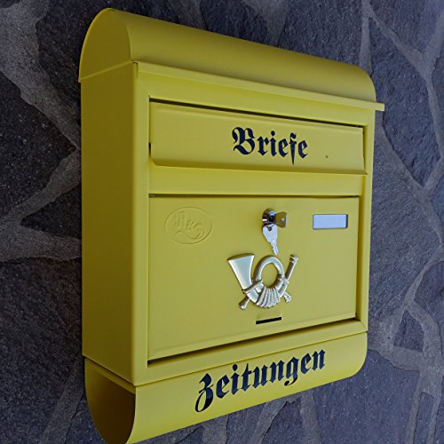Eigenmarke Großer Briefkasten/Postkasten XXL Gelb Matt mit Zeitungsrolle Runddach