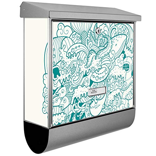 banjado® Burgwächter 38x39x12cm mit Motiv Tiefsee/Briefkasten ohne Zeitungsfach/Briefkasten grau/Postkasten inkl. Montagematerial & 2 Schlüsseln
