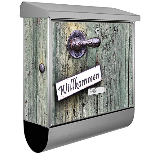 banjado® Burgwächter Briefkasten Edelstahl 38x39x12cm mit Motiv Willkommen/Briefkasten Edelstahl ohne Zeitungsfach/Briefkasten grau/Postkasten inkl. Montagematerial & 2 Schlüsseln