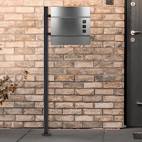 ECD Germany Standbriefkasten mit Zeitungsfach, Design Briefkasten mit Pfosten, Standfuß freistehend, Briefkastenanlage, Briefkastenständer Anthrazit Edelstahl, Postkasten Silber Stahl matt gebürstet