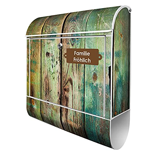 banjado® Design Briefkasten personalisiert mit Motiv Grünes Holz 39x47x14cm & 2 Schlüssel - Briefkasten Stahl weiß mit Zeitungsfach pulverbeschichtet - Postkasten A4 Einwurf inkl. Montagematerial