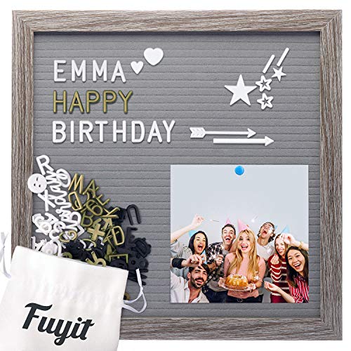 Fuyit Felt Letter Board Holz und Filz 12 x12 ,Grau Eva Veränderbar Buchstaben Board Retro Felt mit 600 Weiß&Gold&Schwarz Buchstaben&Zahlen und Emojis&Kursive Wörter,Ständer und Beutel