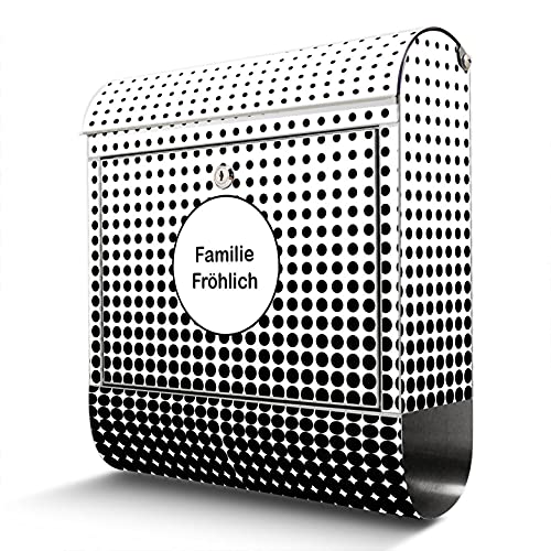 banjado® Briefkasten Edelstahl personalisiert mit Motiv Schwarz Weiß 38x43x12cm & 2 Schlüssel - rostfreier Edelstahl Briefkasten mit Zeitungsfach - Postkasten A4 Einwurf inkl. Montagematerial