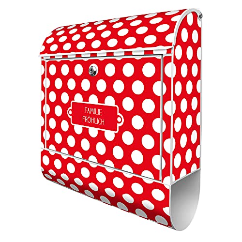 banjado® Design Briefkasten personalisiert mit Motiv Punkte Rot 39x47x14cm & 2 Schlüssel - Briefkasten Stahl weiß mit Zeitungsfach pulverbeschichtet - Postkasten A4 Einwurf inkl. Montagematerial